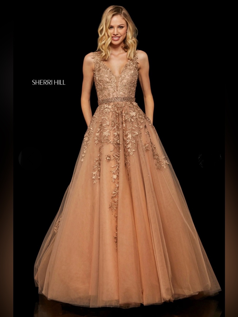 NWT $948 Sherri Hill Embellished Ball Gown Gold Dress Embroidered 11335